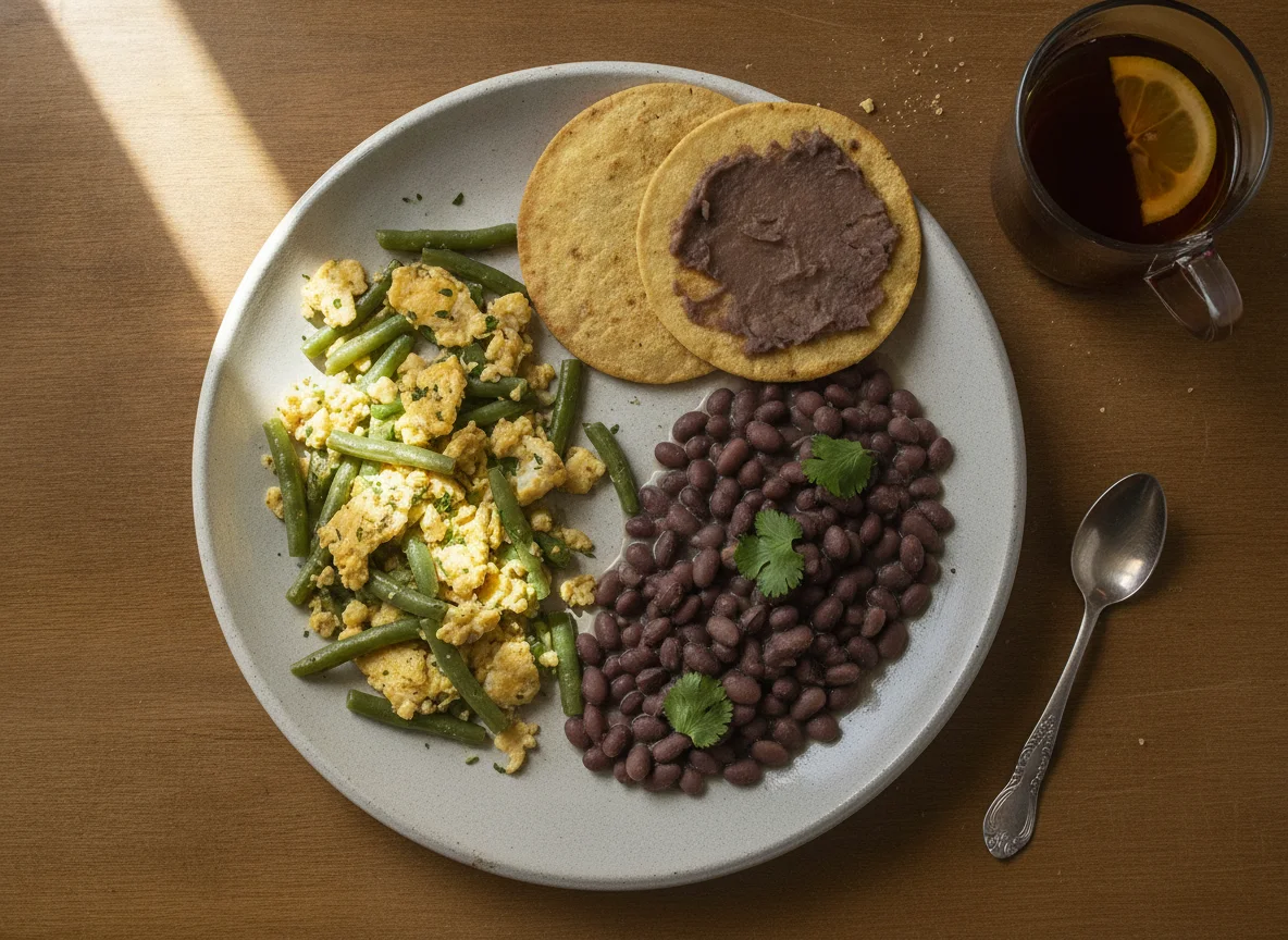 Huevos con ejotes, frijoles de la olla y tostadas photo