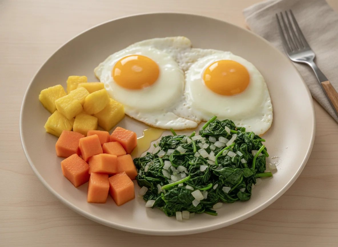 Huevos con espinacas y fruta photo
