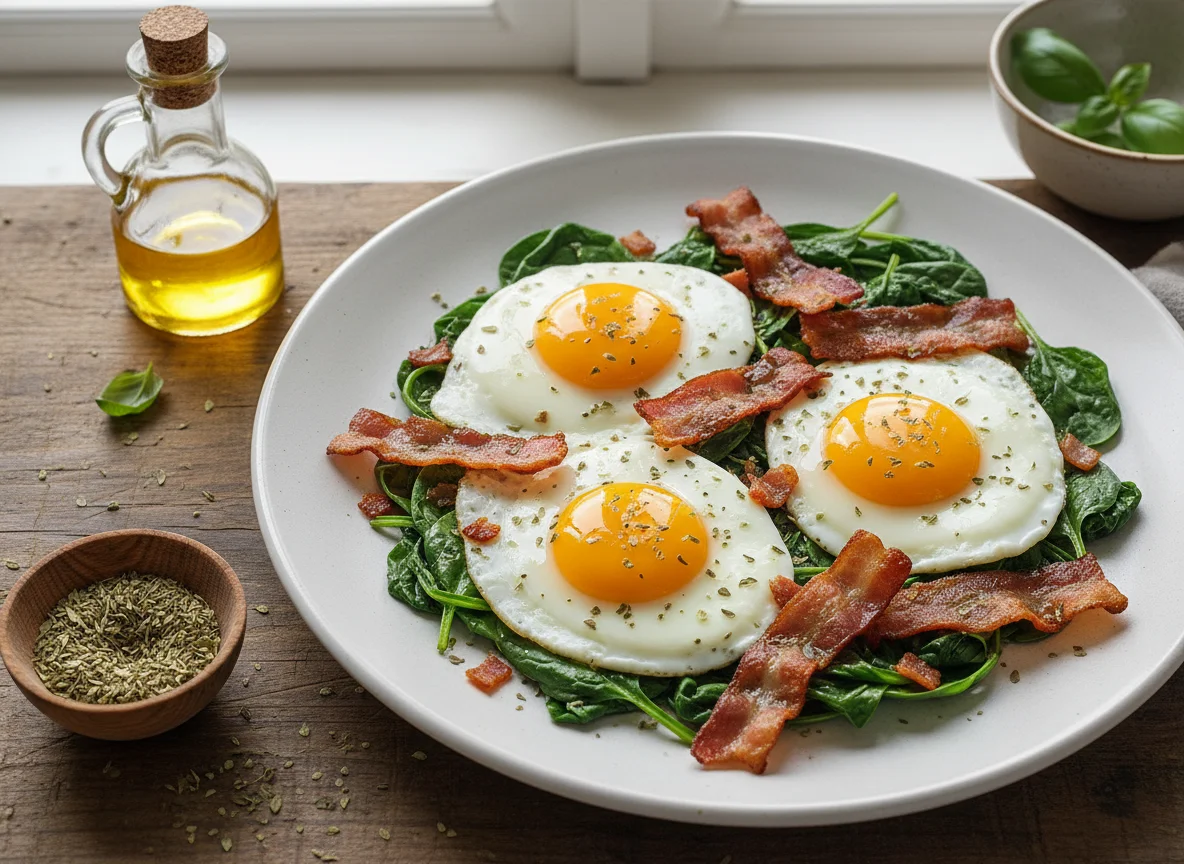 Huevos con espinacas y tocino photo