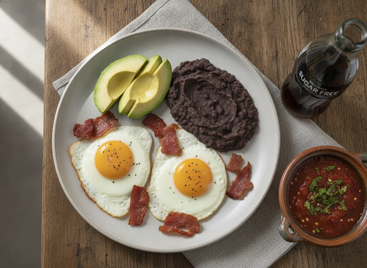 Huevos con jamón acompañados de frijoles, aguacate y salsa photo
