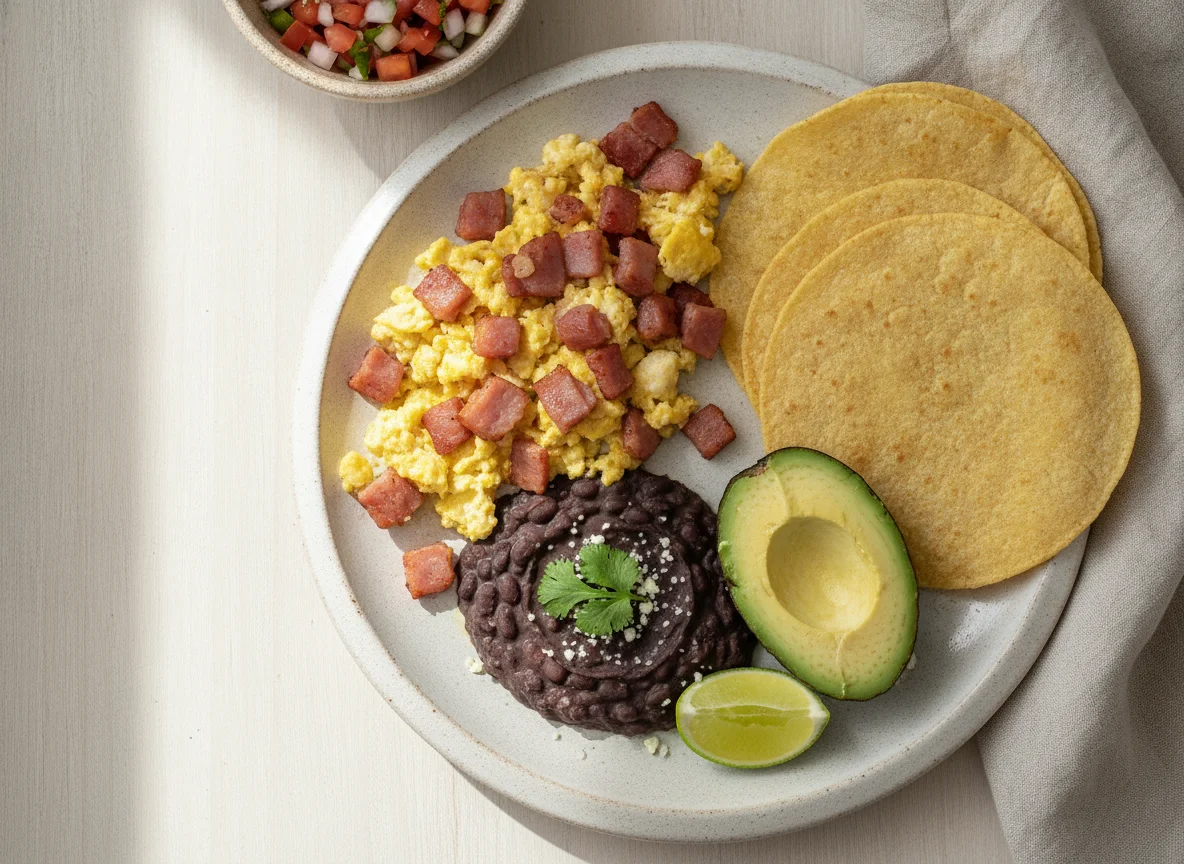 Huevos con jamón acompañados de frijoles, aguacate y tortillas photo