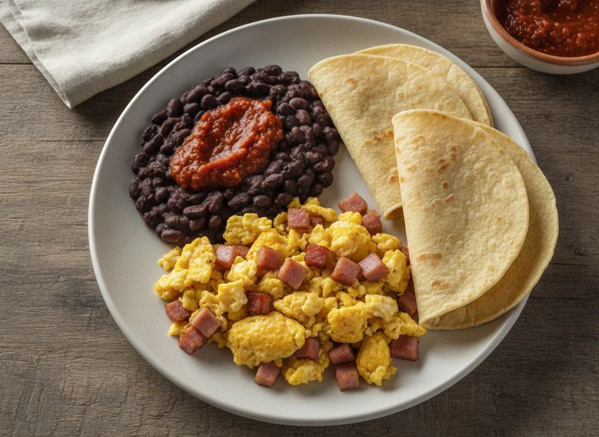 Huevos con jamón acompañados de frijoles negros y tortillas photo