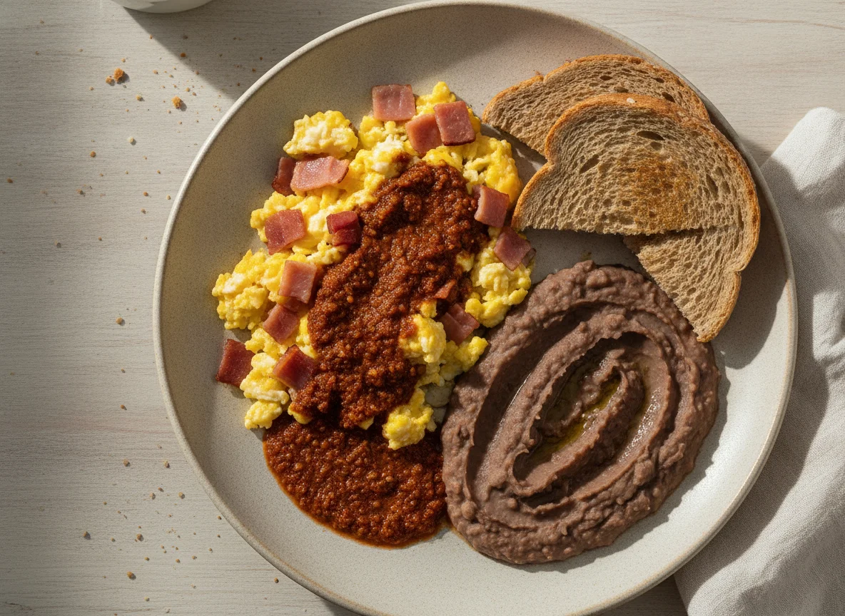 Huevos con jamón acompañados de frijoles refritos, salsa y pan tostado photo