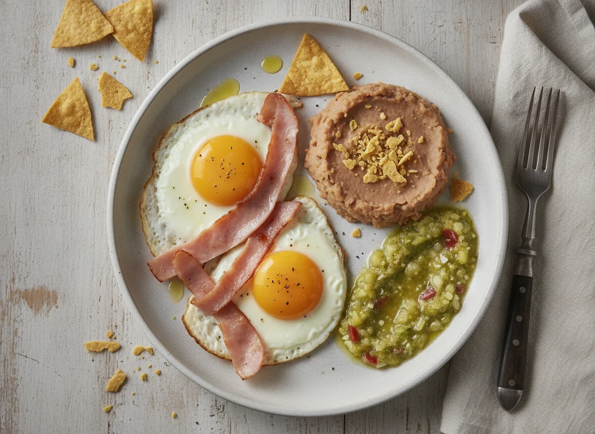 Huevos con jamón acompañados de frijoles refritos y salsa verde photo