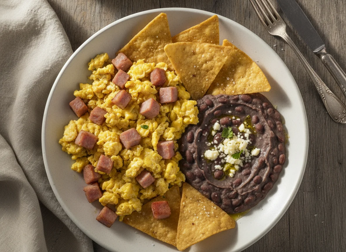 Huevos con jamón acompañados de frijoles refritos y totopos photo
