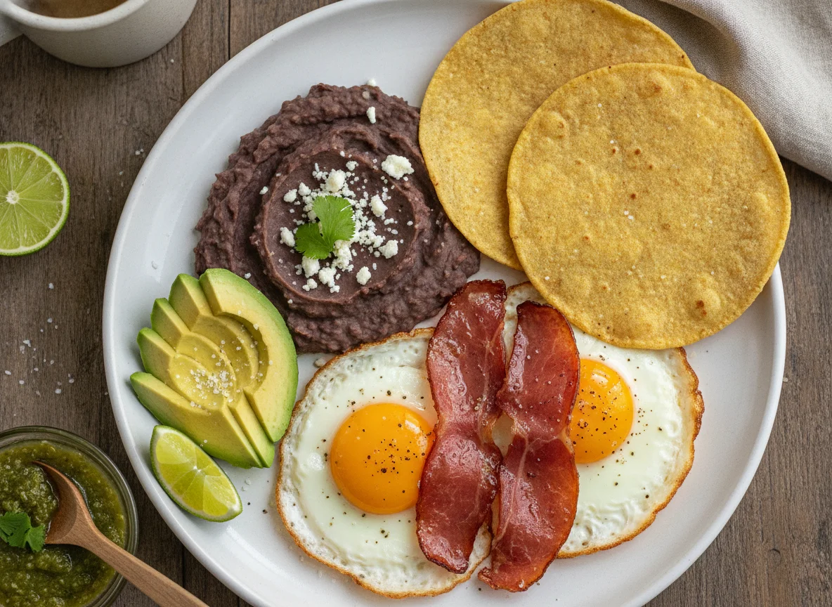 Huevos con jamón acompañados de frijoles, tortillas y aguacate photo