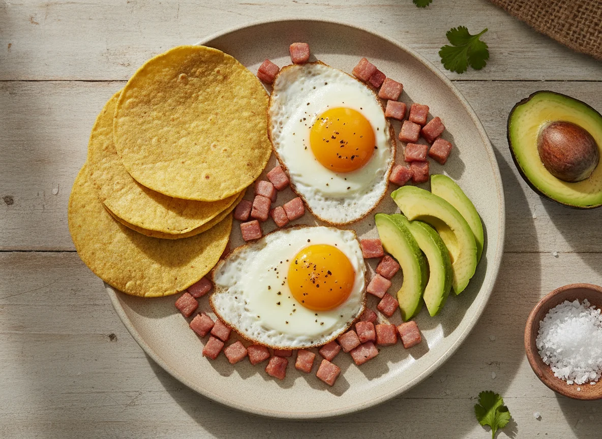 Huevos con jamón acompañados de tortillas y aguacate photo