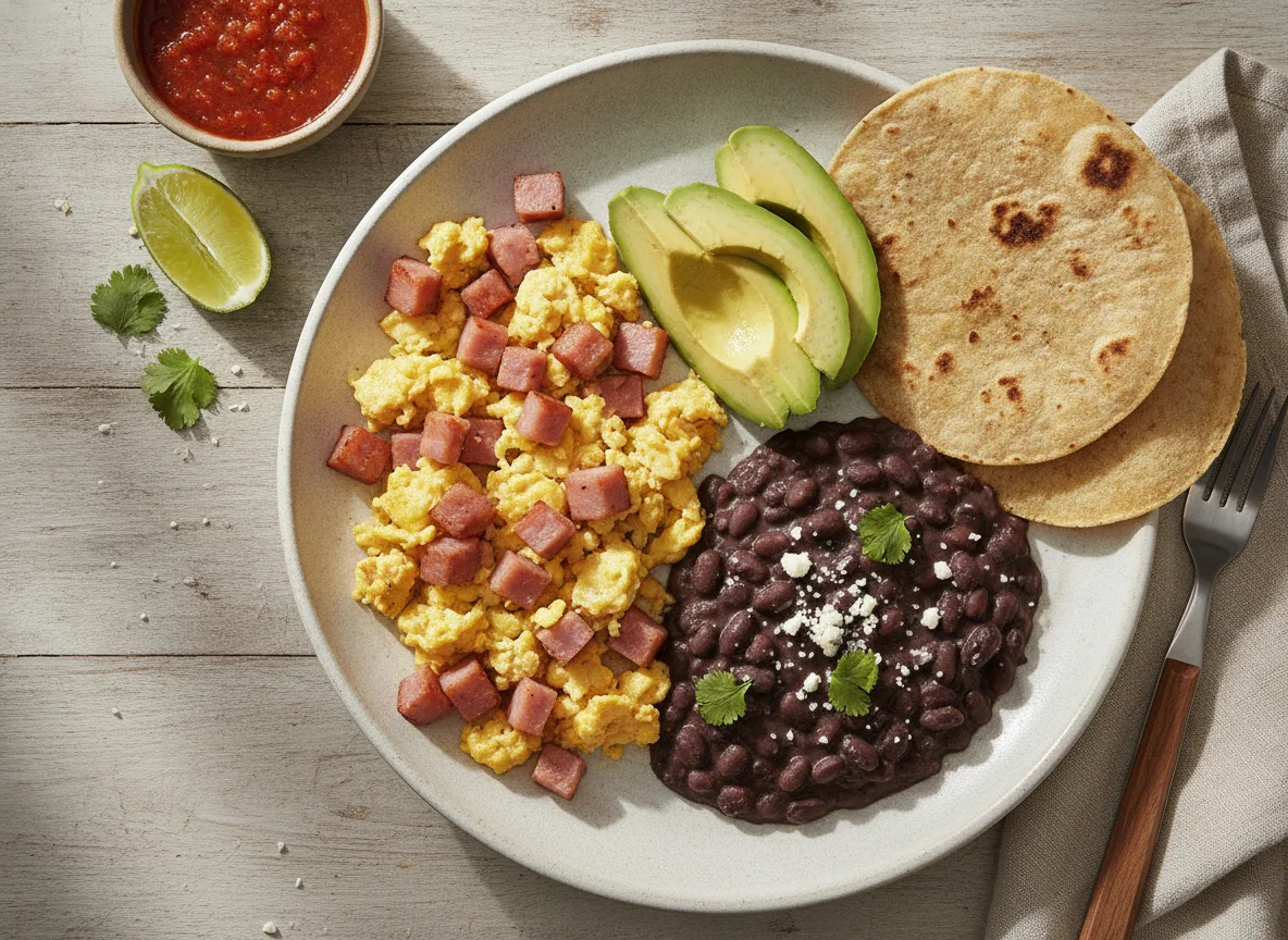 Huevos con jamón, frijoles negros, aguacate y tortillas photo