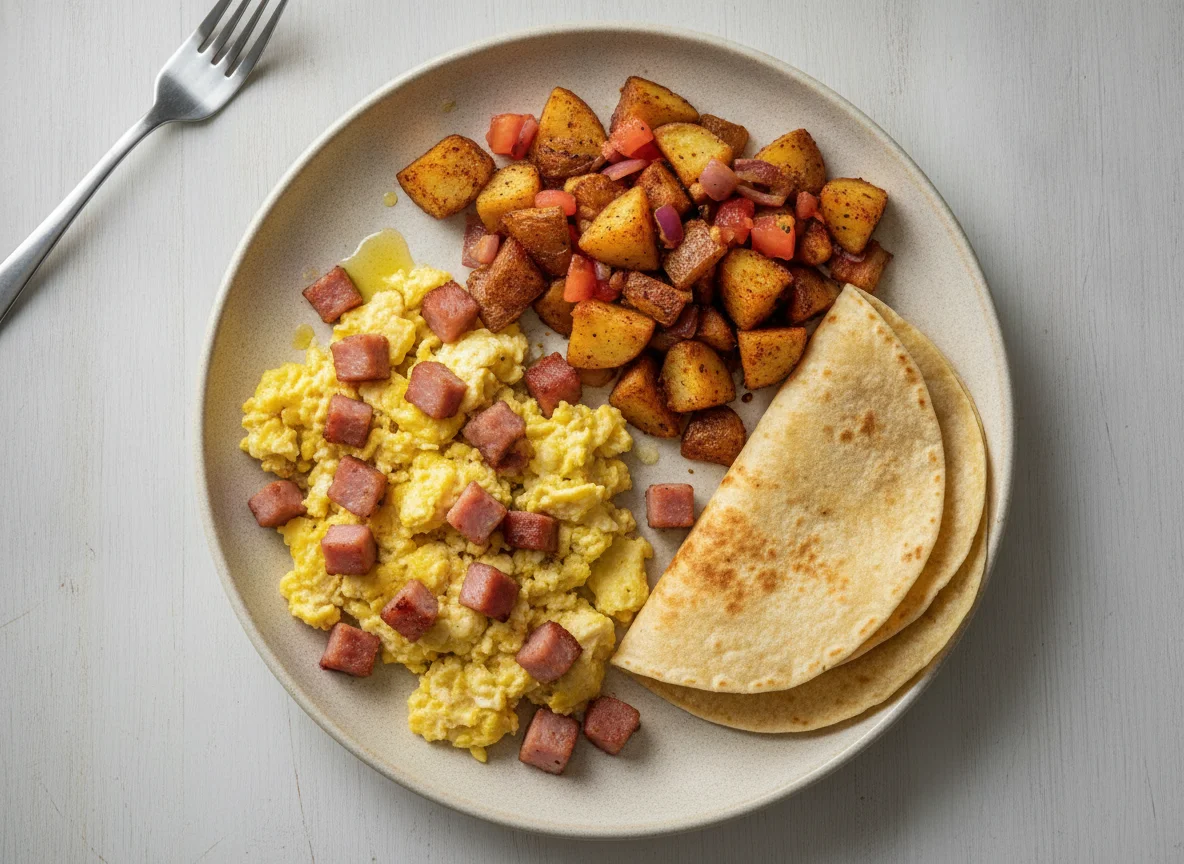 Huevos con jamón, papas a la mexicana y tortilla photo