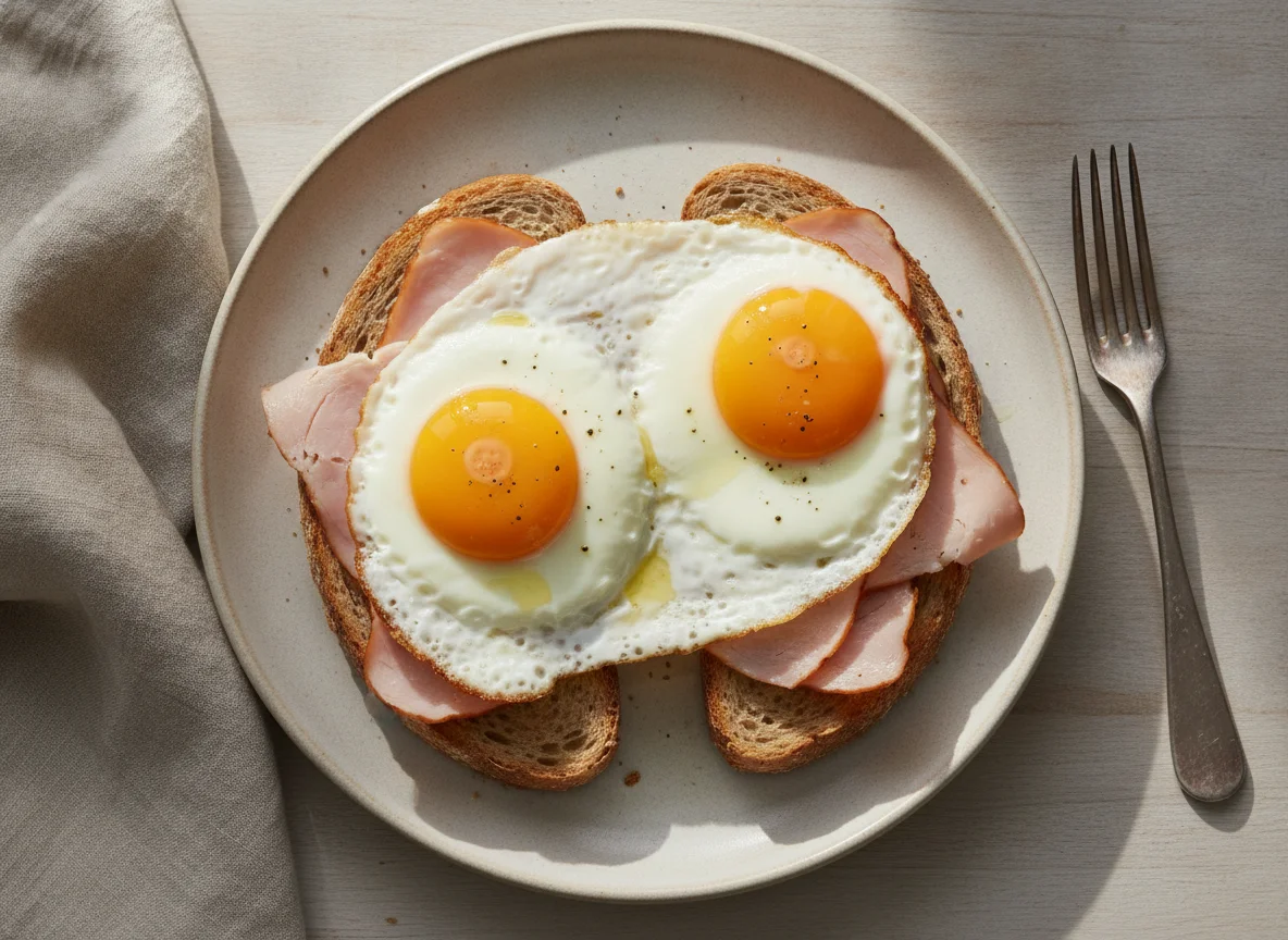 Huevos con jamón sobre pan tostado photo