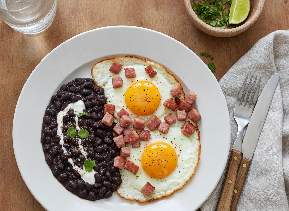 Huevos con jamón y frijoles negros photo
