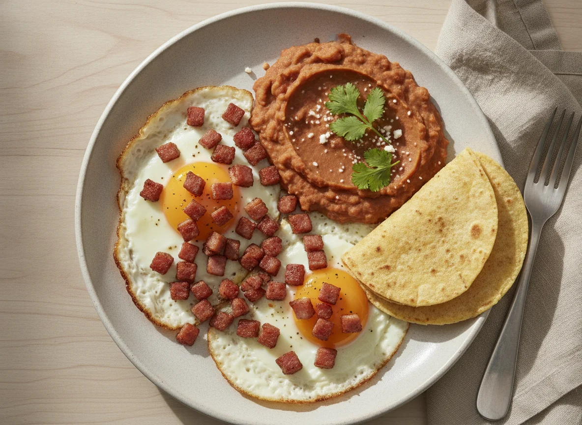 Huevos con jamón y frijoles refritos photo