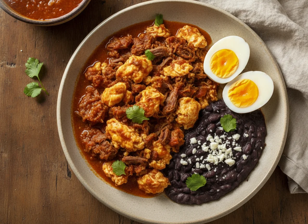Huevos con machaca en salsa roja con frijoles refritos y huevos cocidos photo