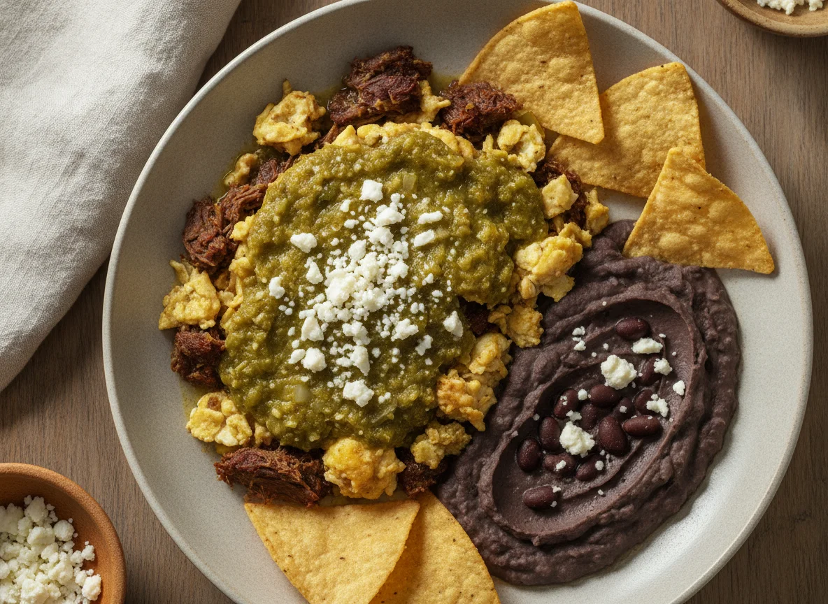 Huevos con machaca en salsa verde con frijoles refritos photo