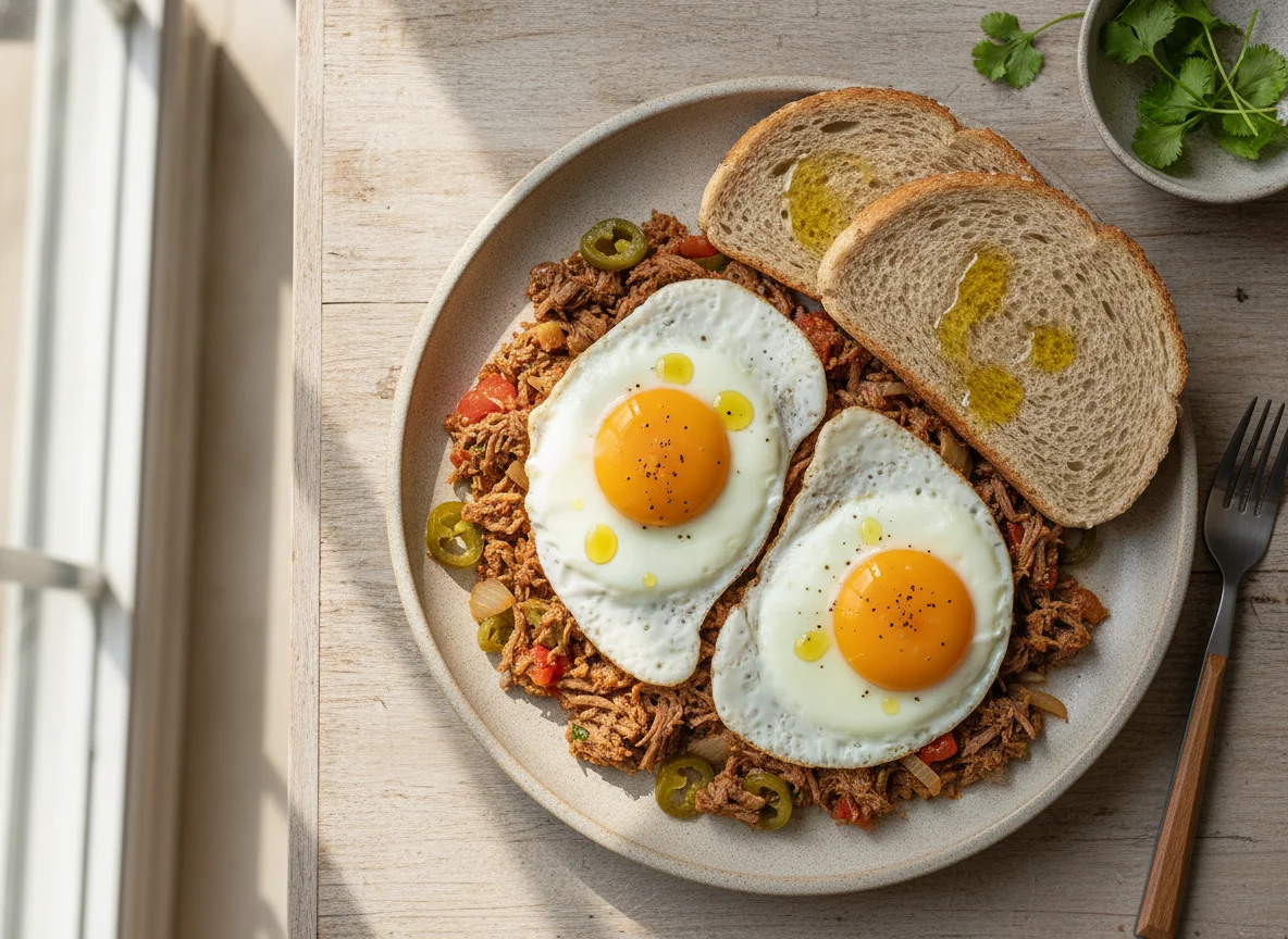 Huevos con machaca y pan integral photo