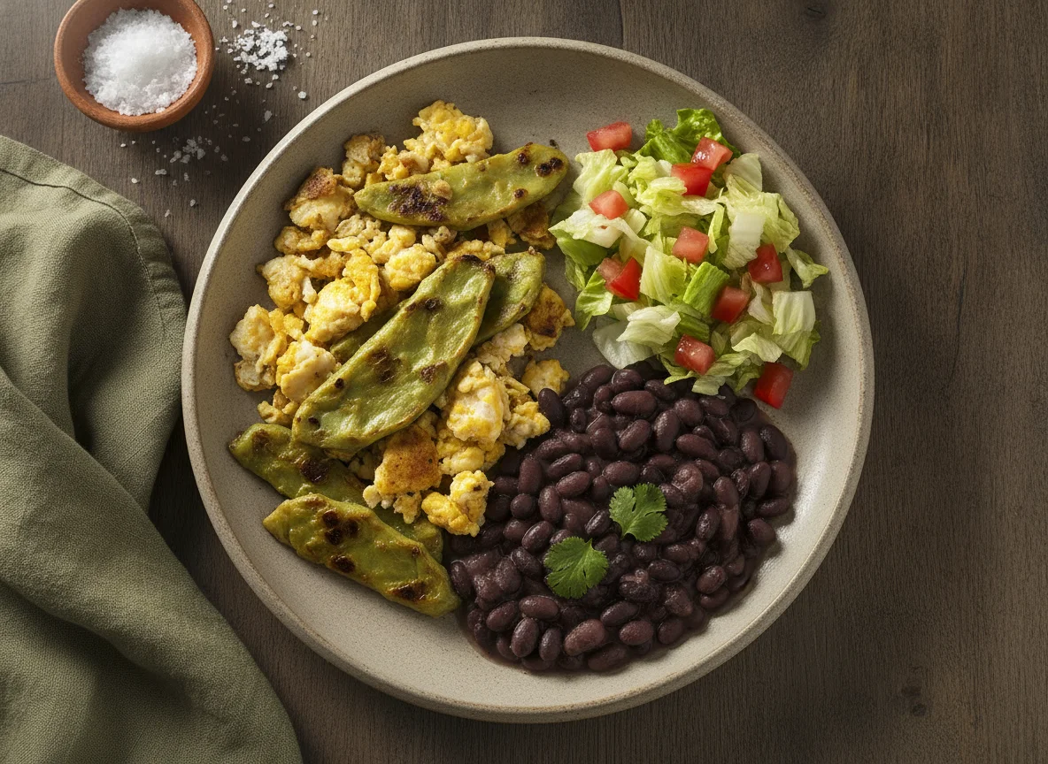 Huevos con nopales acompañados de frijoles y ensalada photo