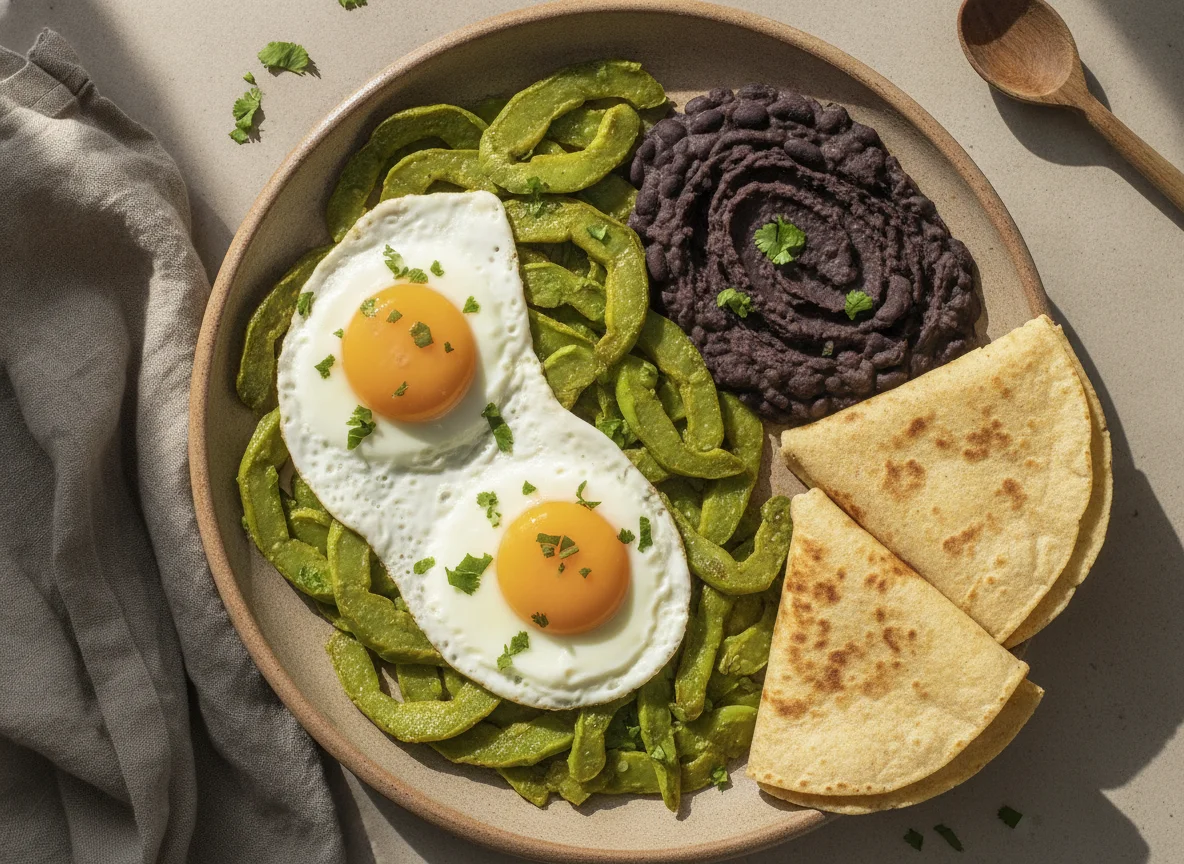 Huevos con nopales, frijoles refritos y tortillas photo