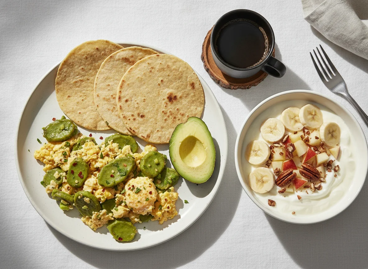 Huevos con nopales, tortilla, aguacate y tazón de fruta con yogurt photo