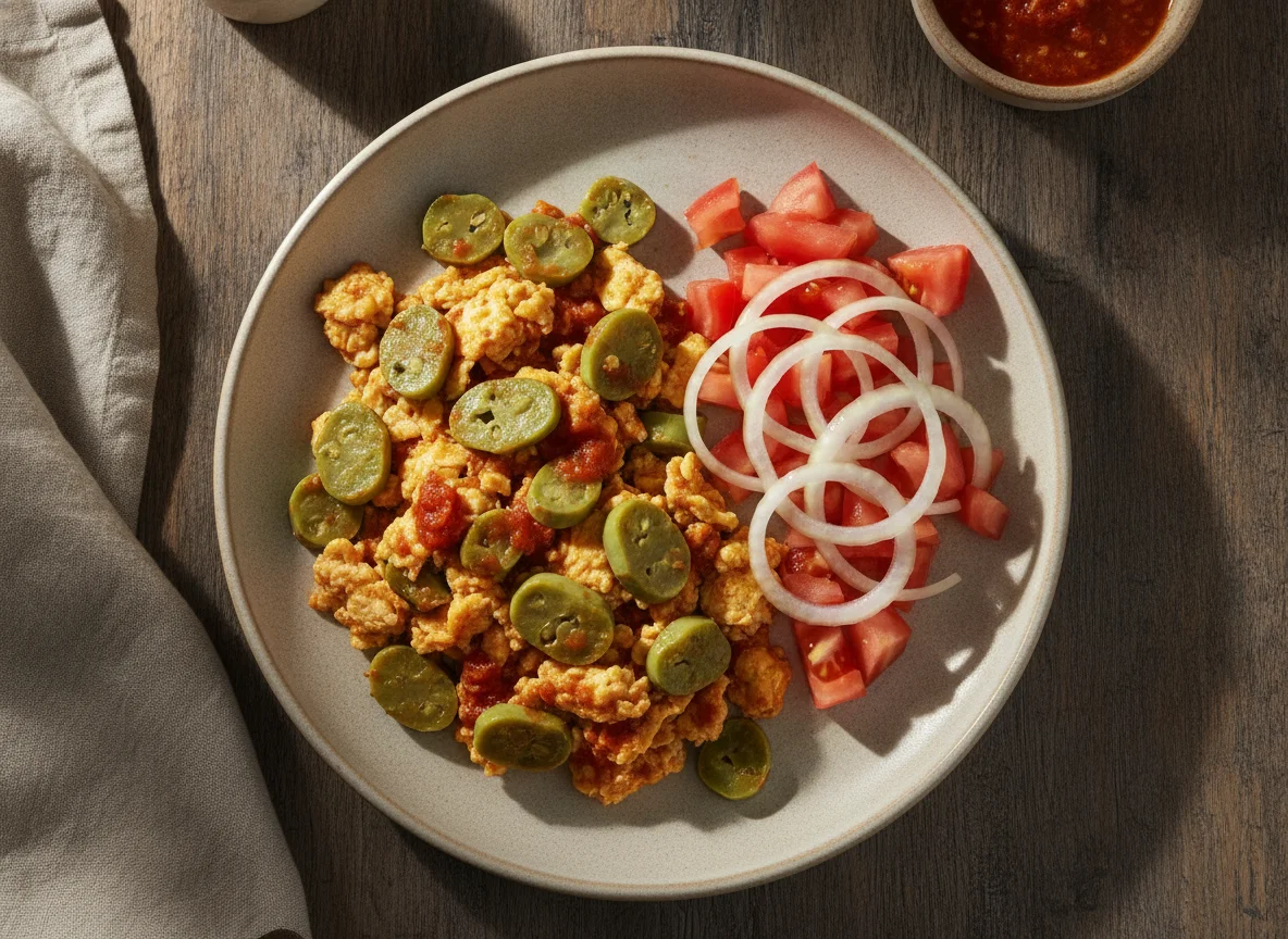 Huevos con nopales y ensalada de tomate photo