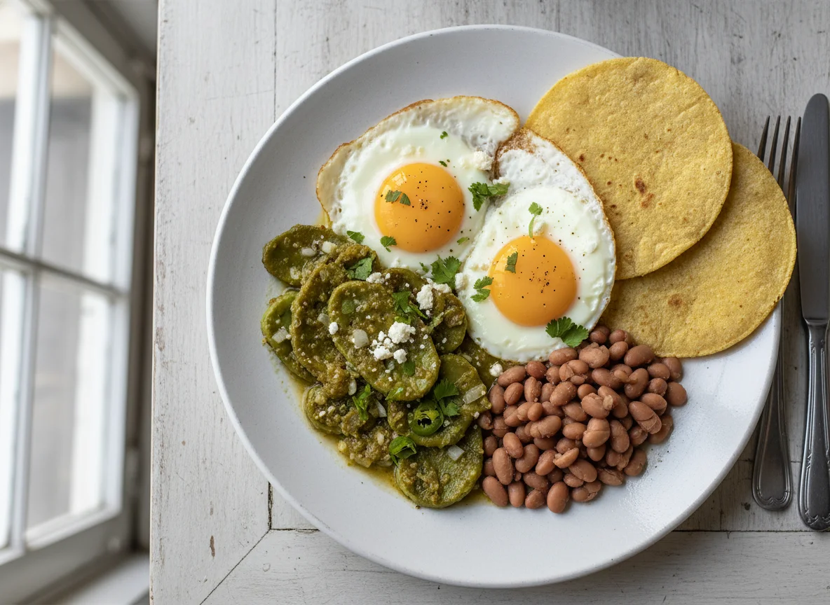 Huevos con nopales y frijoles photo