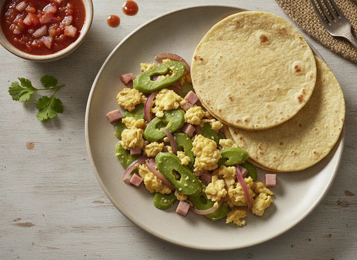 Huevos con nopales y jamón acompañados de tortilla photo