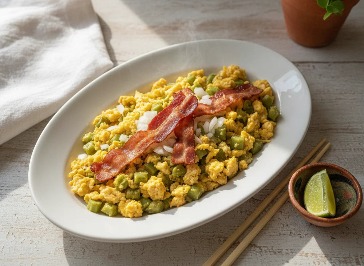 Huevos con nopales y tocino photo