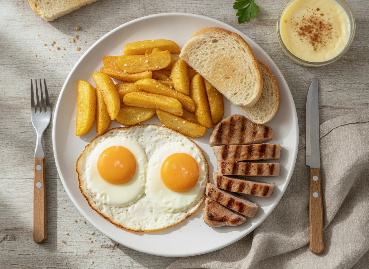 Huevos con patatas, lomo y pan photo