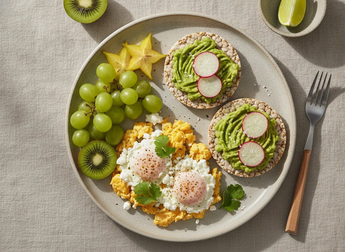 Huevos con queso cottage, galletas de arroz con aguacate y fruta photo