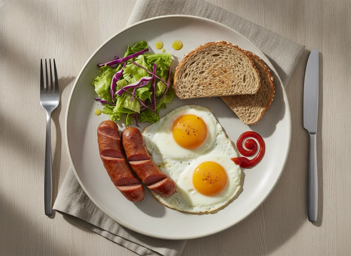 Huevos con salchicha acompañados de ensalada y pan integral photo