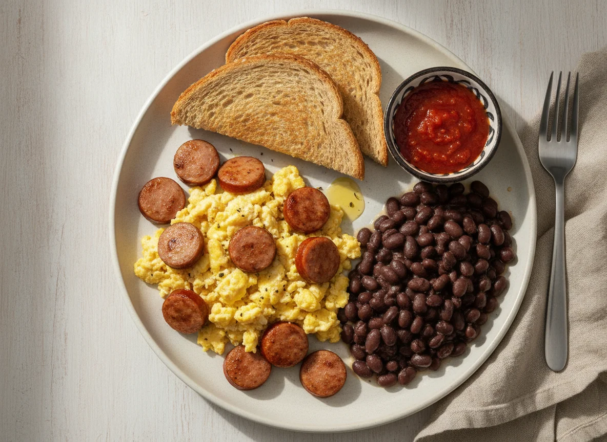 Huevos con salchicha, frijoles negros y pan tostado photo