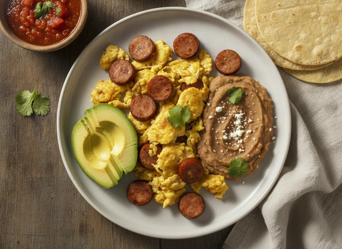 Huevos con salchicha, frijoles refritos y aguacate photo