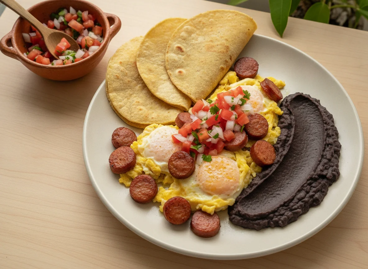 Huevos con salchicha, frijoles volteados y tortilla photo