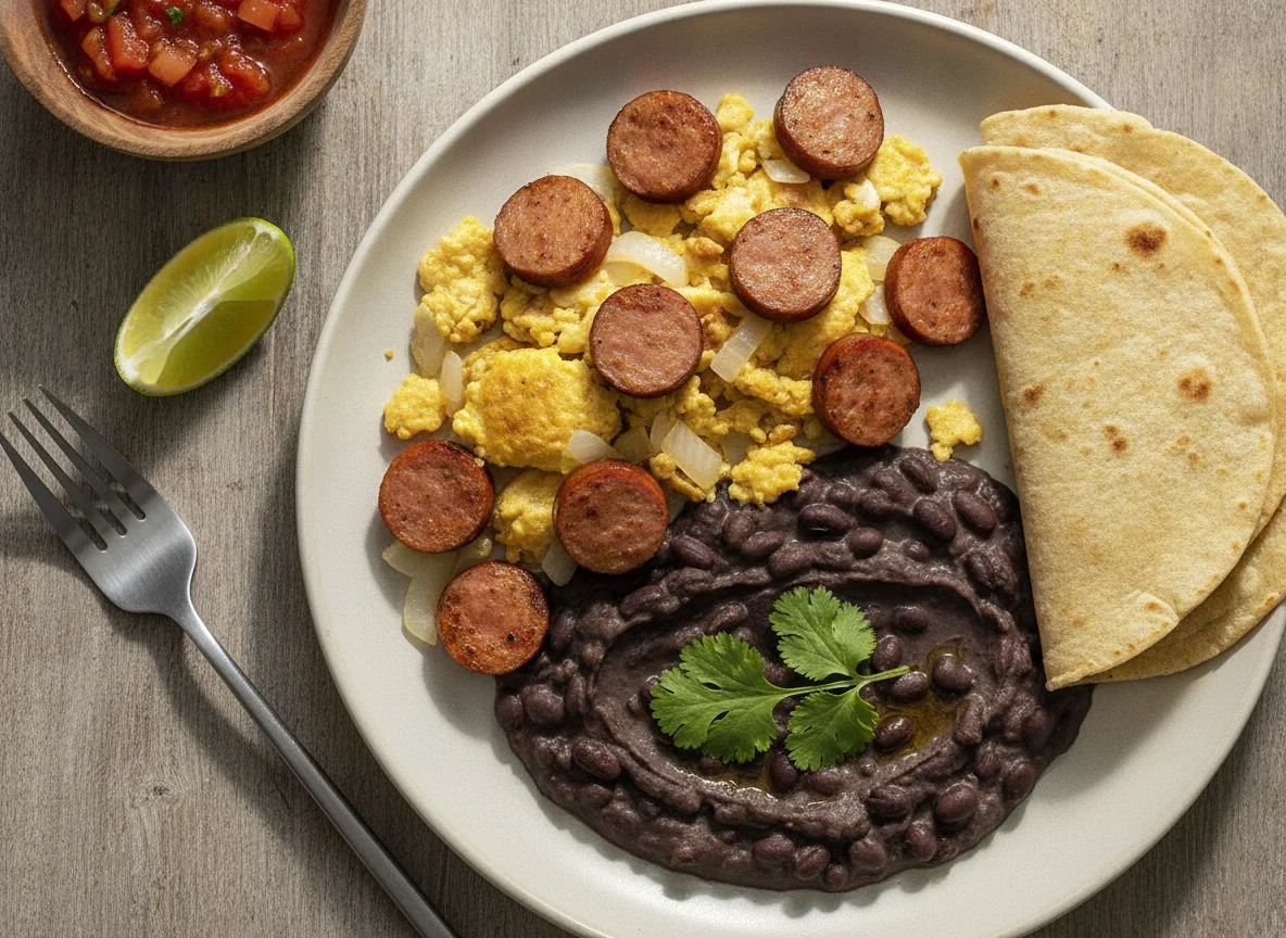 Huevos con salchicha y frijoles refritos photo