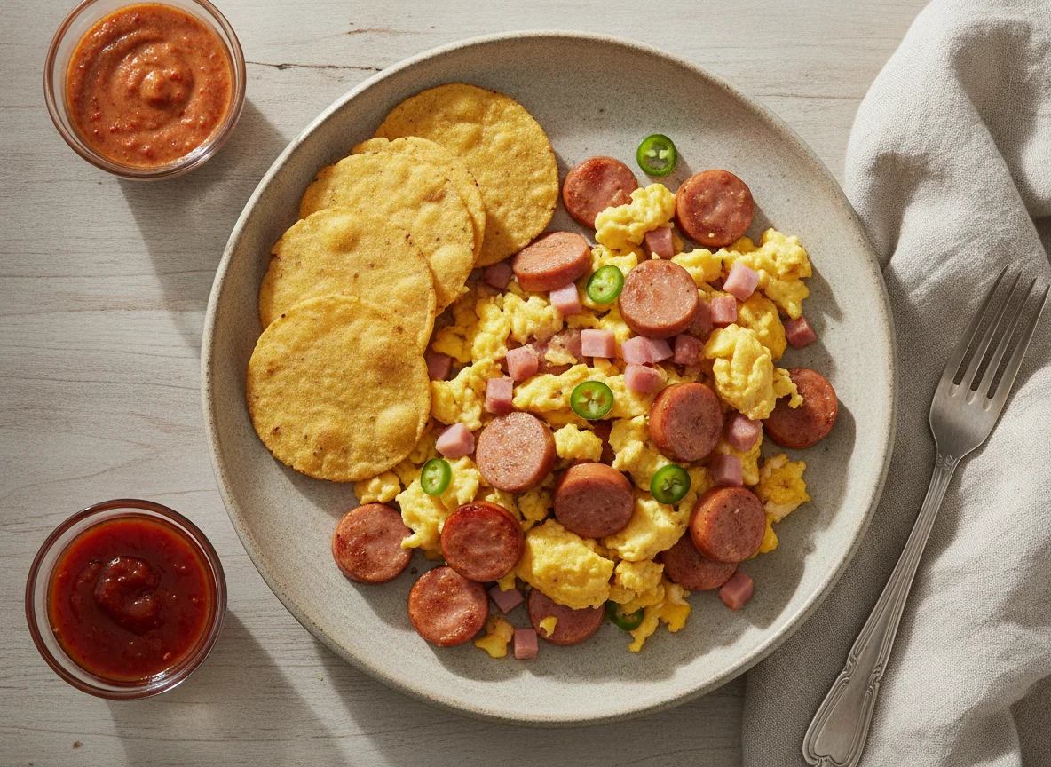 Huevos con salchicha y jamón acompañados de tostadas photo