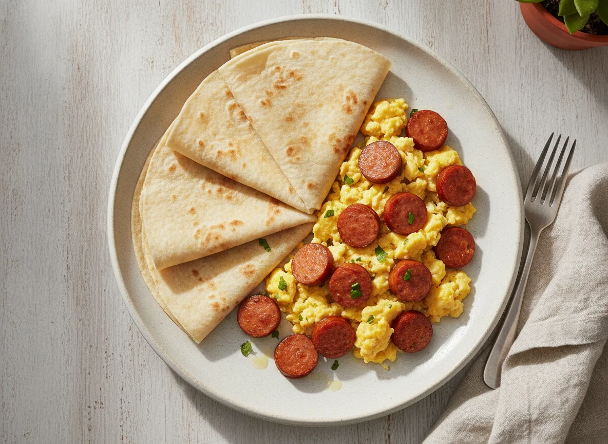 Huevos con salchicha y tortilla de harina photo