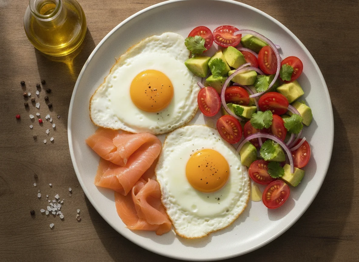 Huevos con salmón ahumado y ensalada de palta y tomate photo