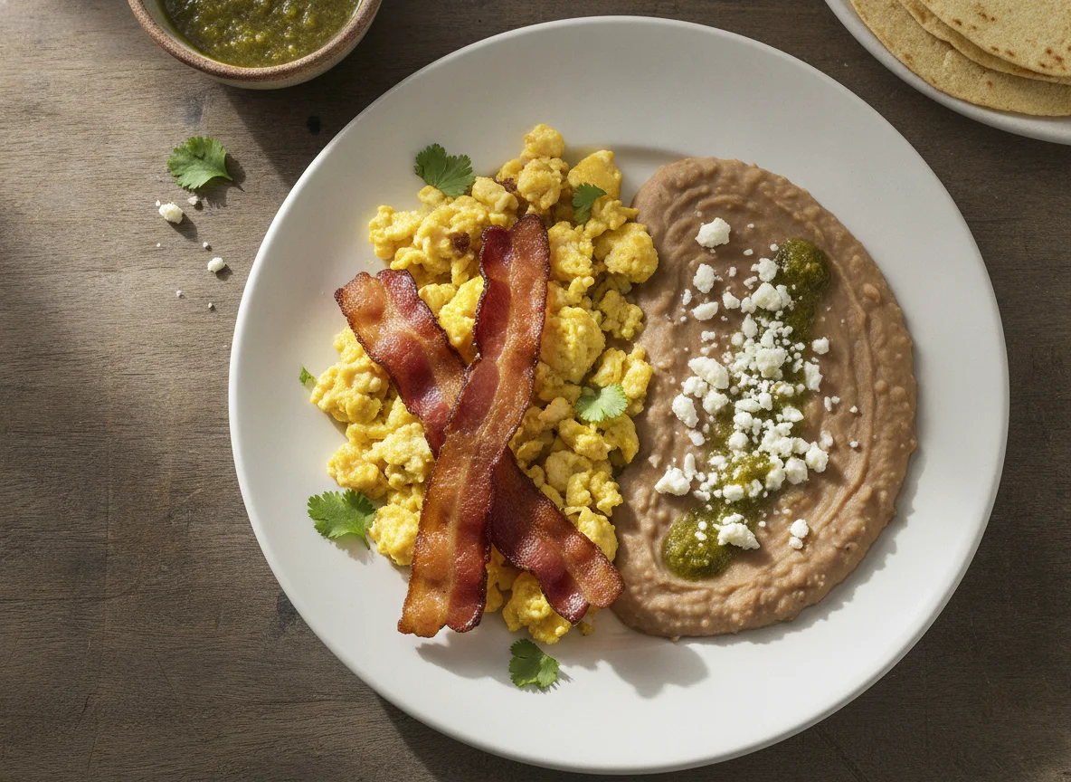 Huevos con tocino y frijoles refritos photo