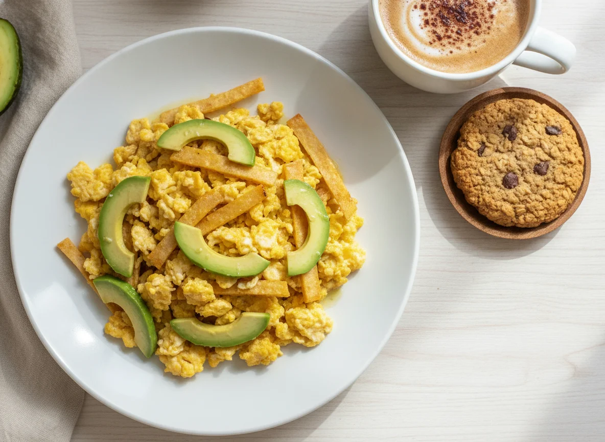 Huevos con tortilla y aguacate con café y galleta photo