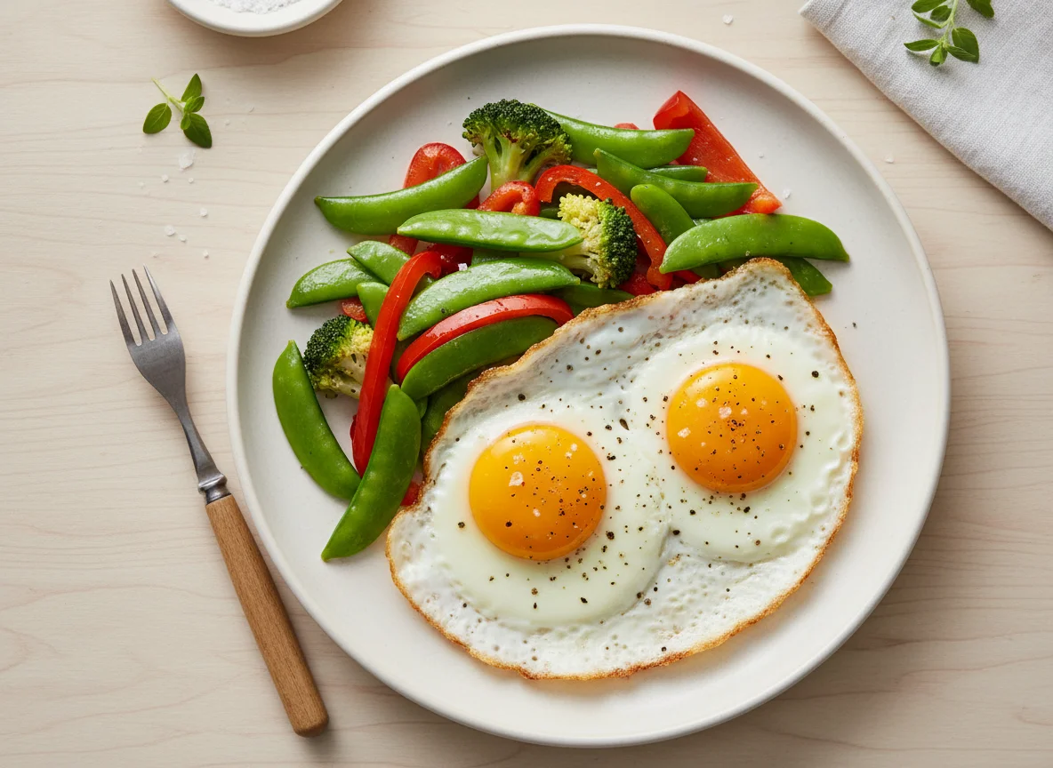 Huevos con vegetales salteados photo