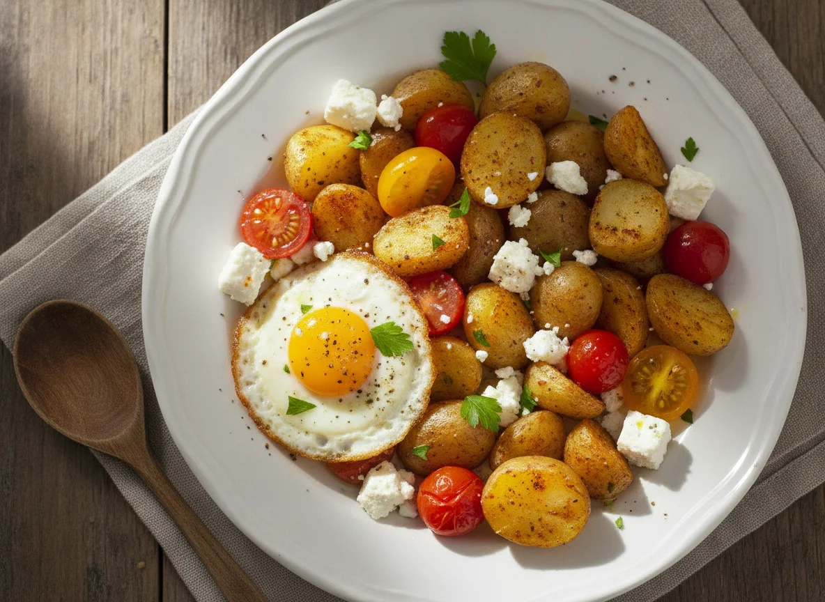 Huevos de codorniz con patatas asadas, tomates cherry y queso feta photo