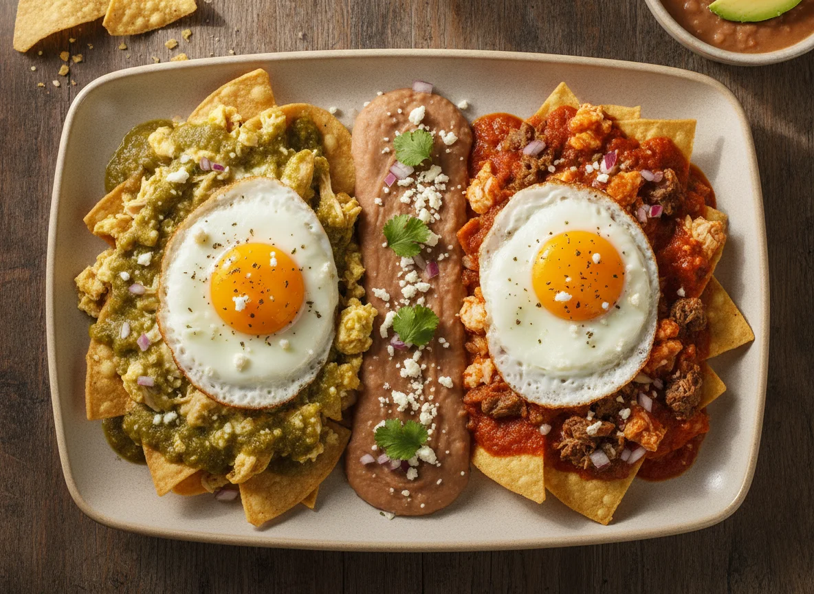 Huevos divorciados con chilaquiles y frijoles photo