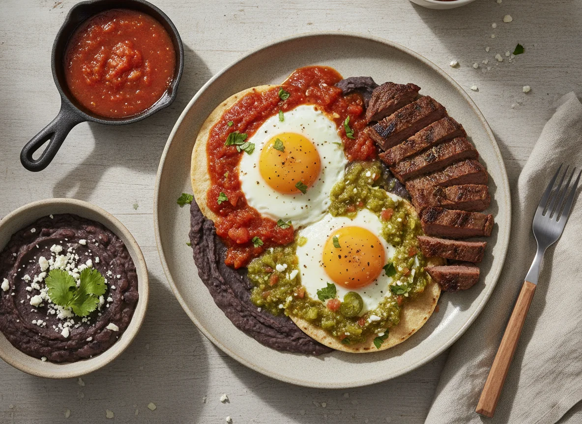 Huevos divorciados con frijoles y carne photo
