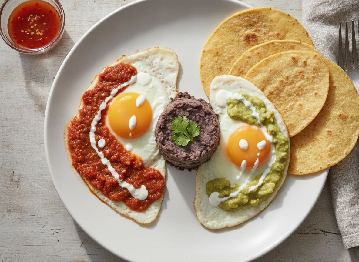 Huevos divorciados con frijoles y tortilla photo