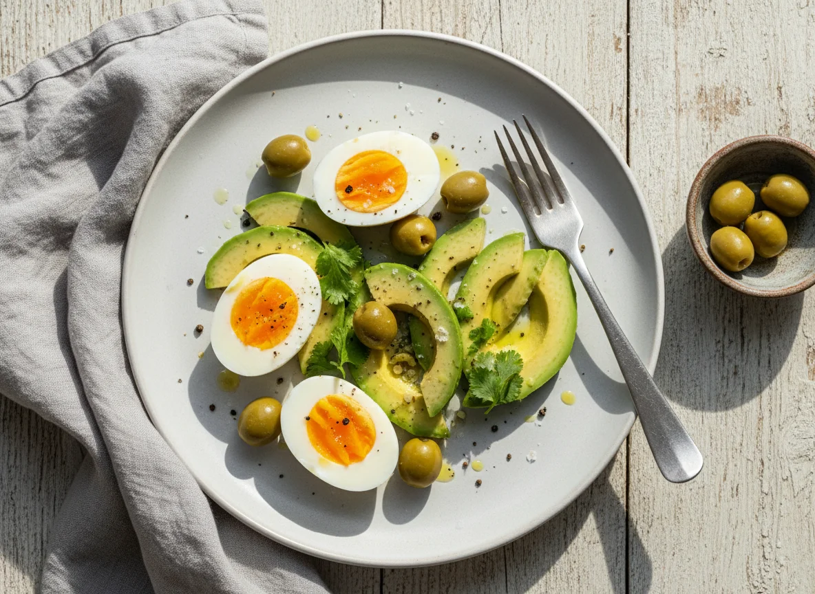 Huevos duros con aguacate y aceitunas photo