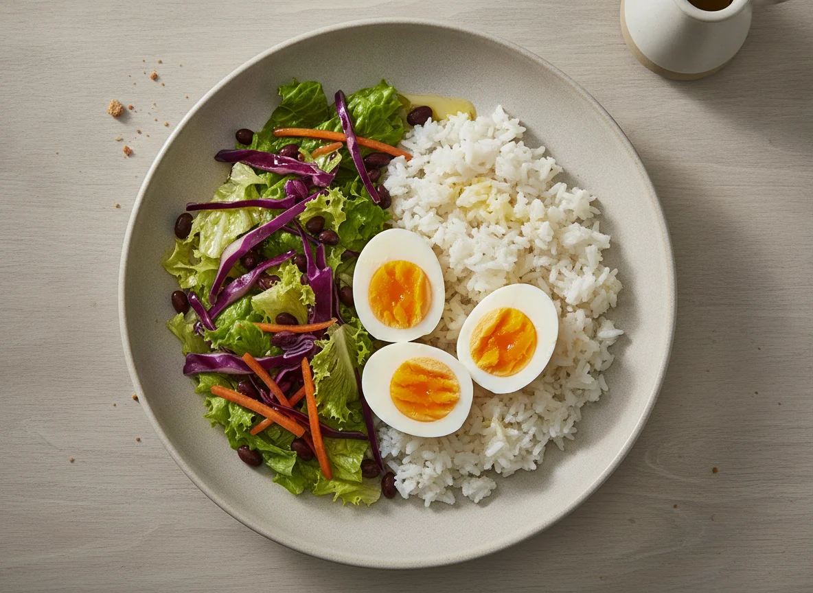 Huevos duros con arroz y ensalada mixta photo