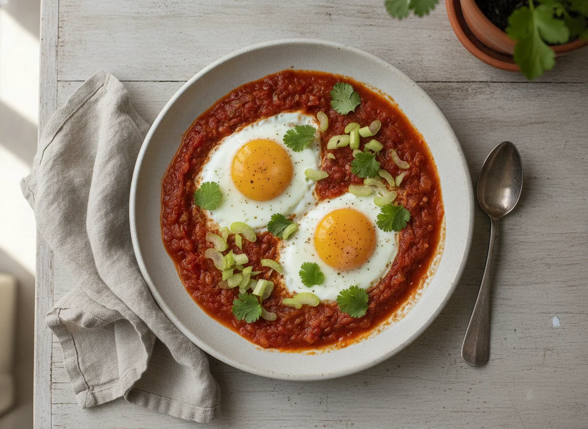 Huevos en salsa roja con apio y cilantro photo