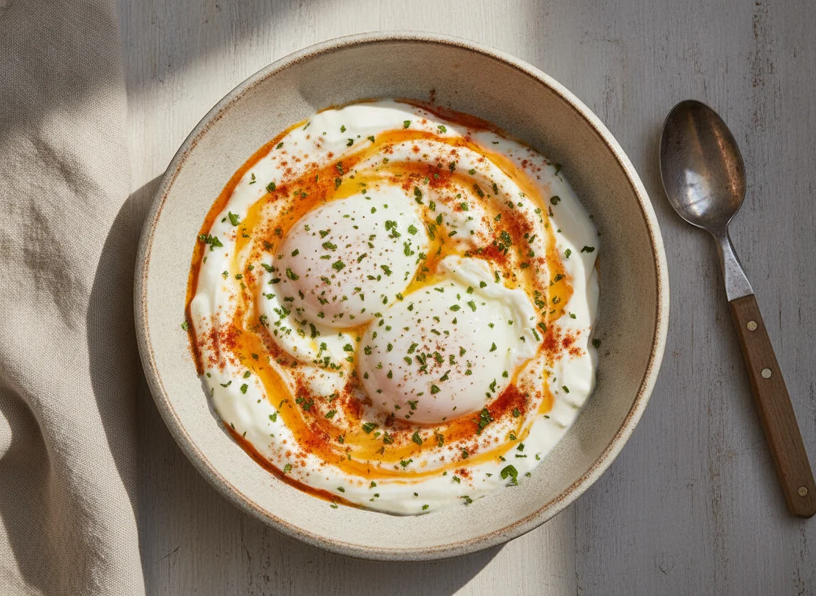Huevos escalfados con yogur y especias photo