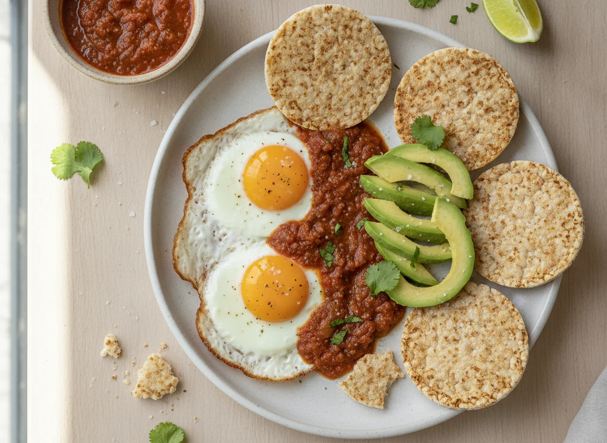 Huevos estrellados con aguacate y tostadas de arroz photo