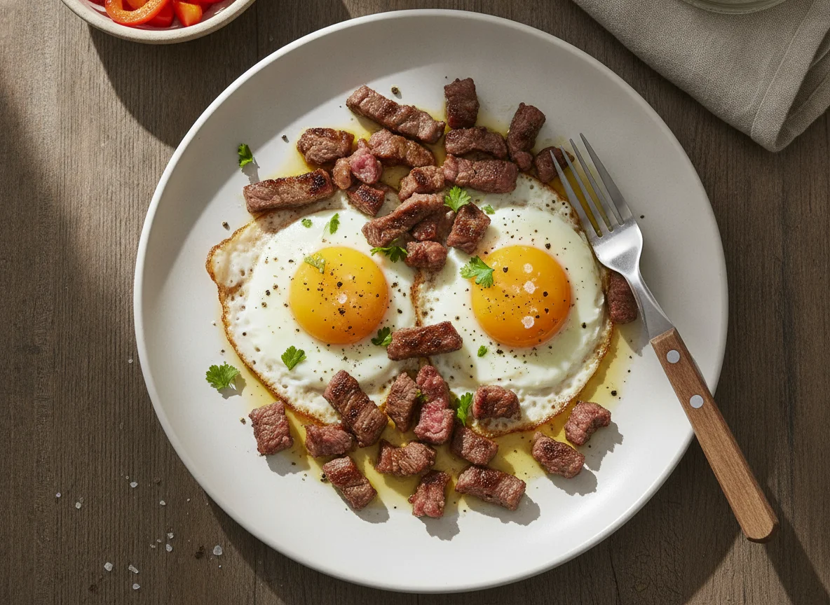 Huevos estrellados con carne asada photo