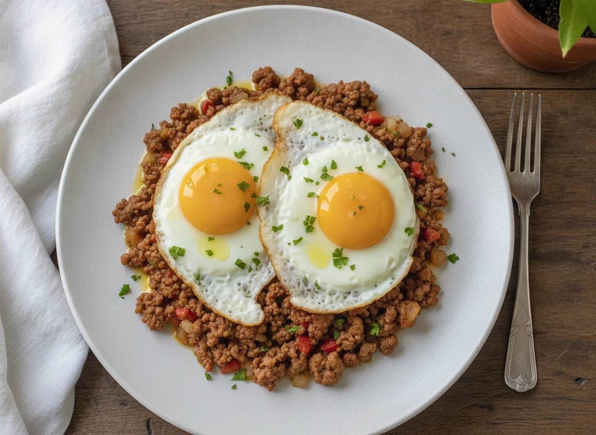 Huevos estrellados con carne molida photo
